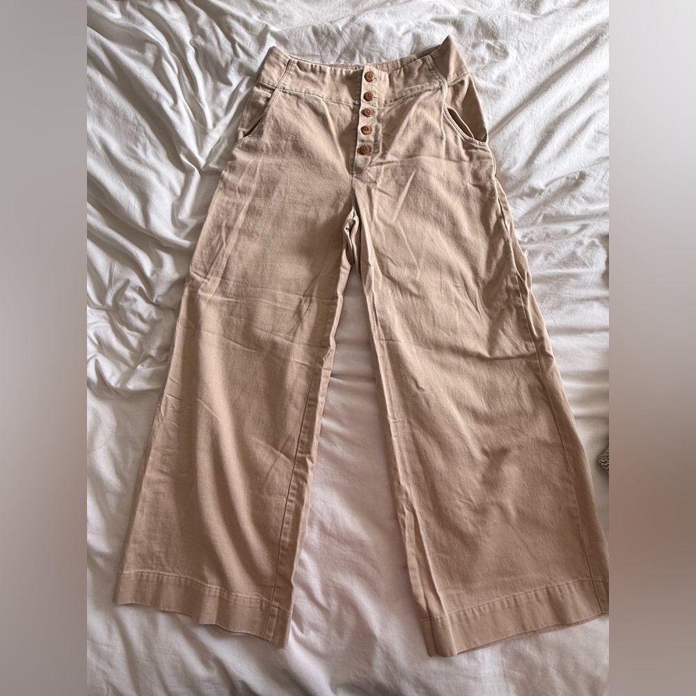Ilana Kohn Beige Trousers with Button Accent 100% cotton light stretch